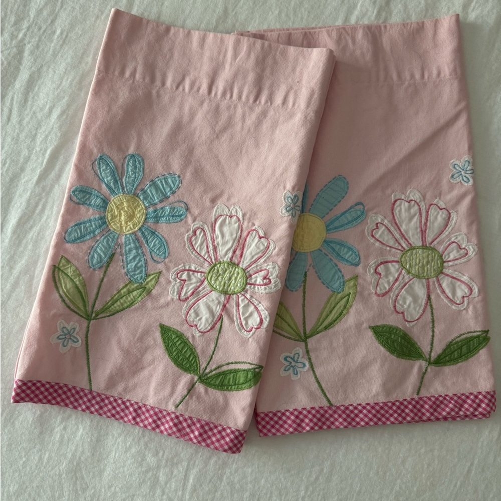 Pottery Barn Kids Pink Floral Valances Set of 2 - embroidered Daisy - PBK